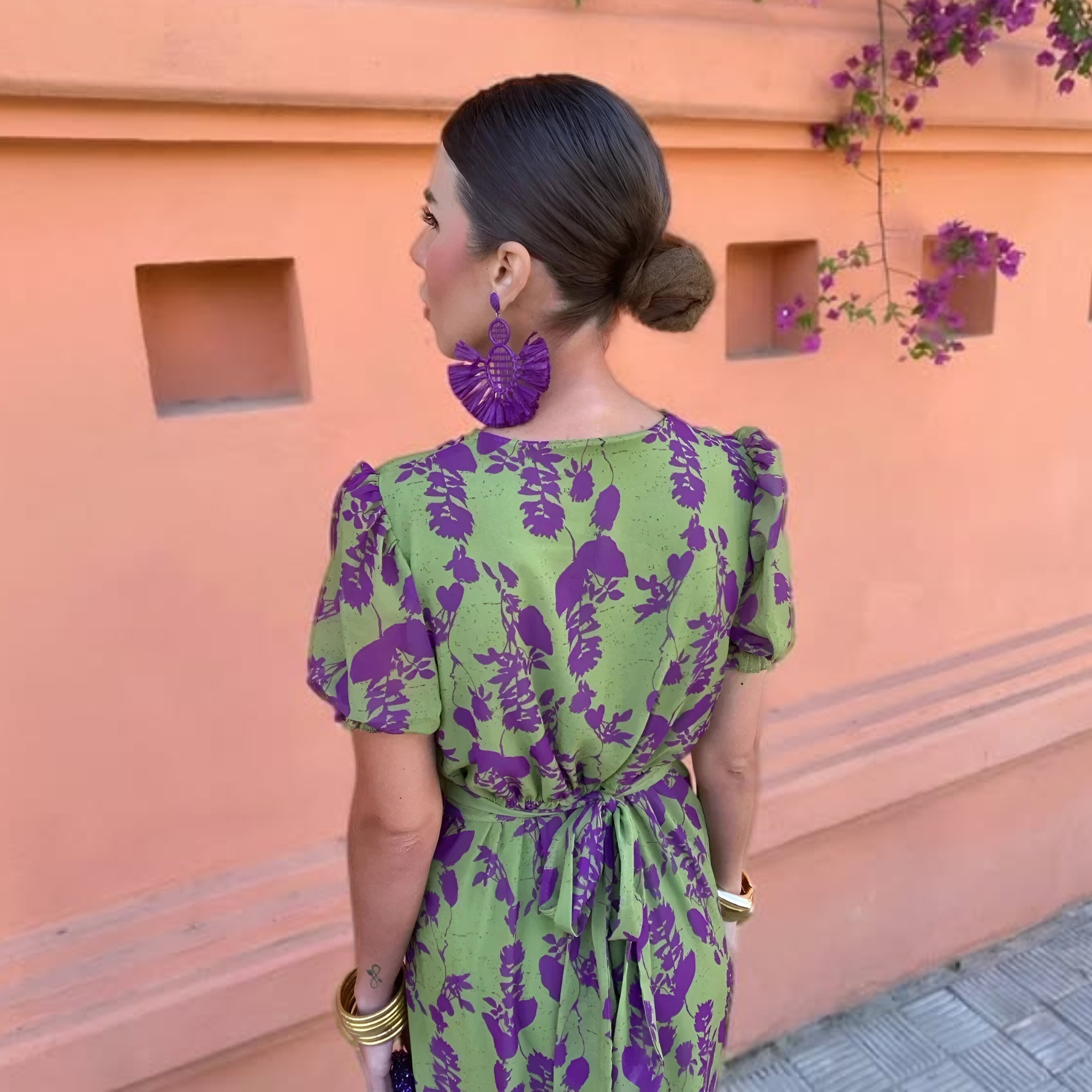 Hortensia • Vestido Midi Floral Cruzado con Manga Abullonada