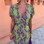 Hortensia • Vestido Midi Floral Cruzado con Manga Abullonada