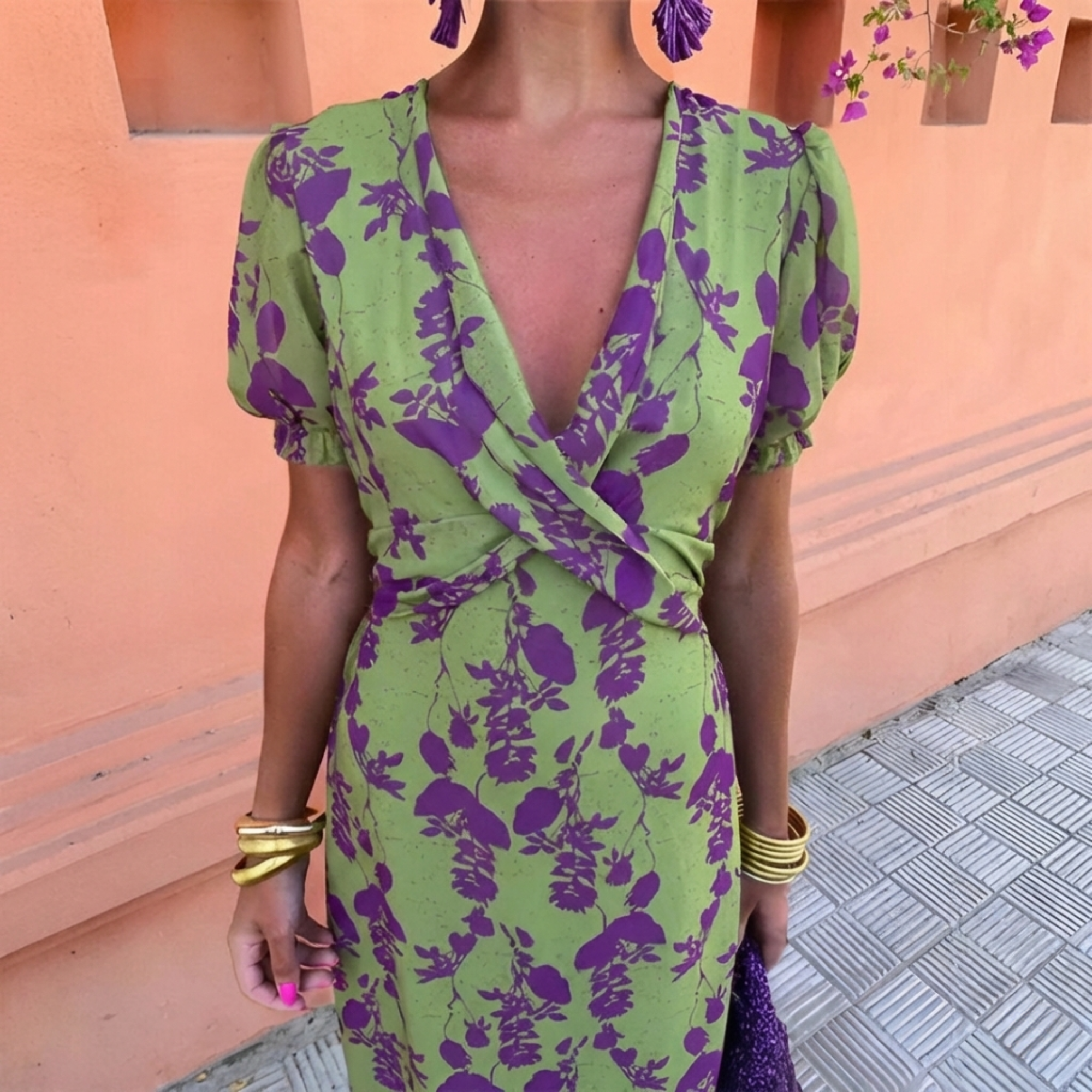 Hortensia • Vestido Midi Floral Cruzado con Manga Abullonada