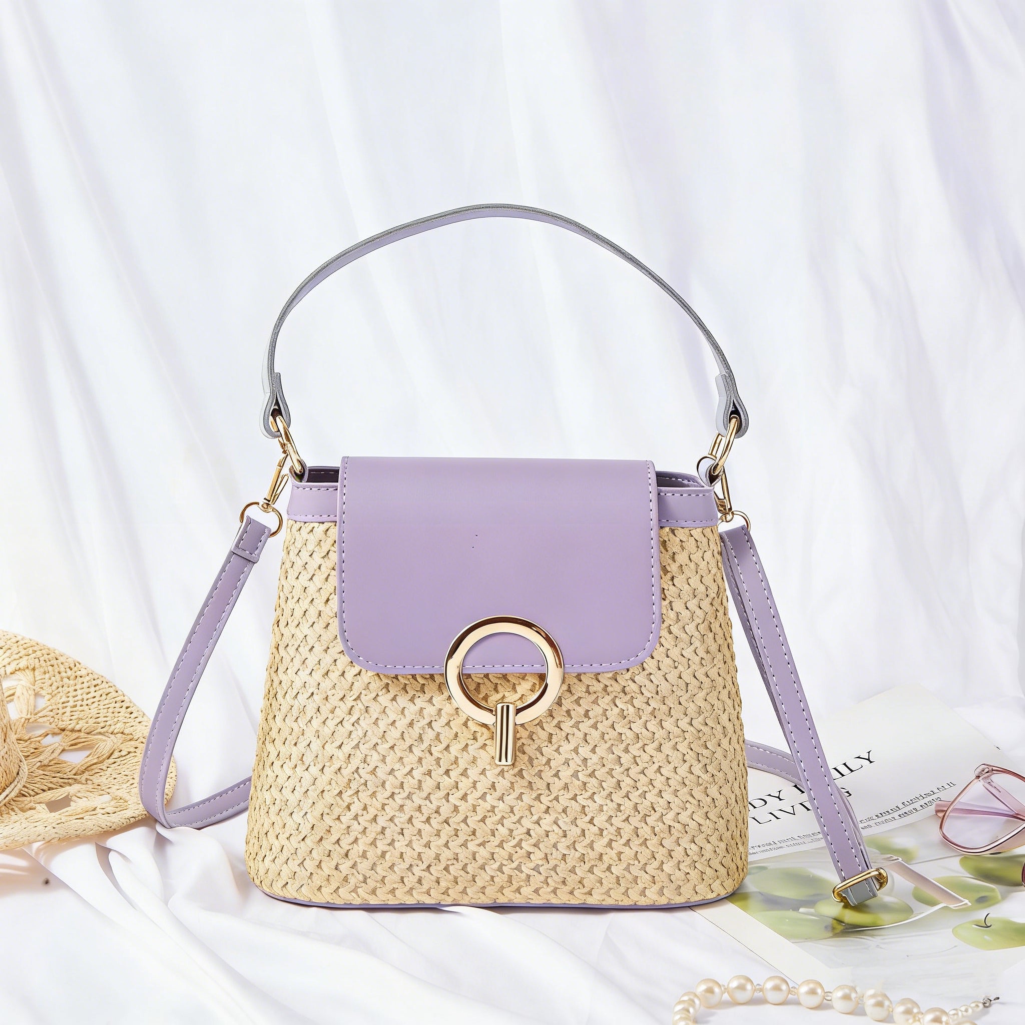 Celia • Borsa a Tracolla in Rafia con Patta Colorata