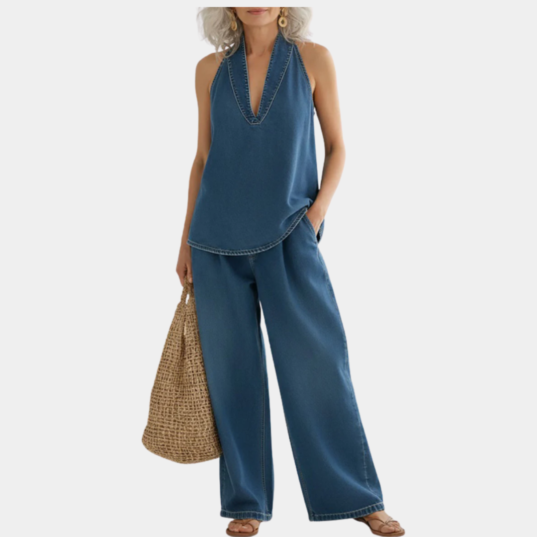 Lena • Conjunto Vaquero de Top Halter y Pantalón Ancho