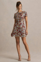Eira • Minivestido de cuello redondo con adornos florales rojos y lentejuelas