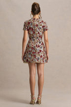 Eira • Minivestido de cuello redondo con adornos florales rojos y lentejuelas