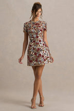 Eira • Minivestido de cuello redondo con adornos florales rojos y lentejuelas