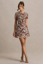 Eira • Minivestido de cuello redondo con adornos florales rojos y lentejuelas