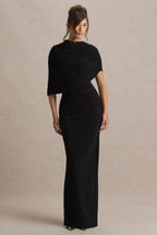 Glitz • Vestido largo negro de cuello alto con mangas tipo capa y detalles fruncidos