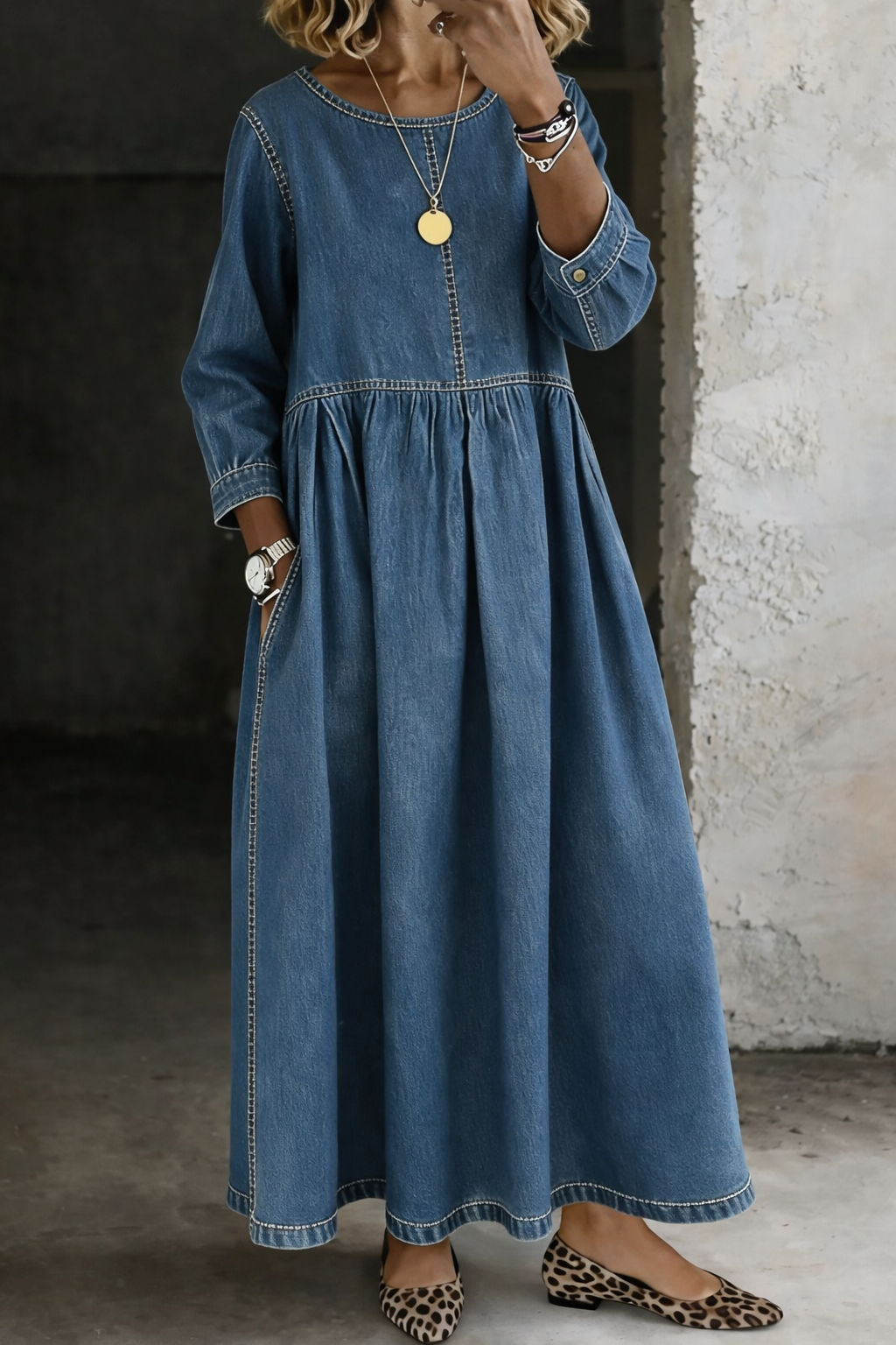 Zephyrelle • Vestido Maxi Vaquero Vintage con Manga Larga