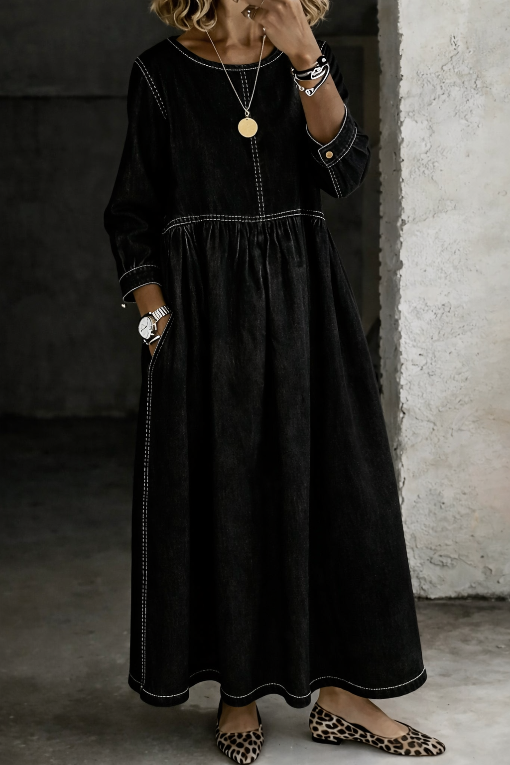 Zephyrelle • Vestido Maxi Vaquero Vintage con Manga Larga