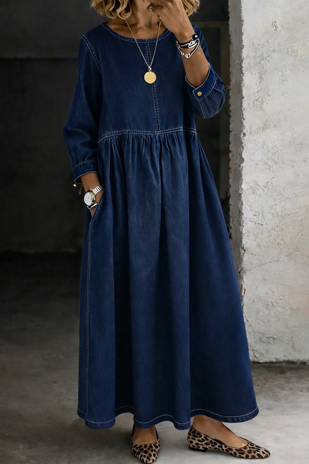 Zephyrelle • Vestido Maxi Vaquero Vintage con Manga Larga