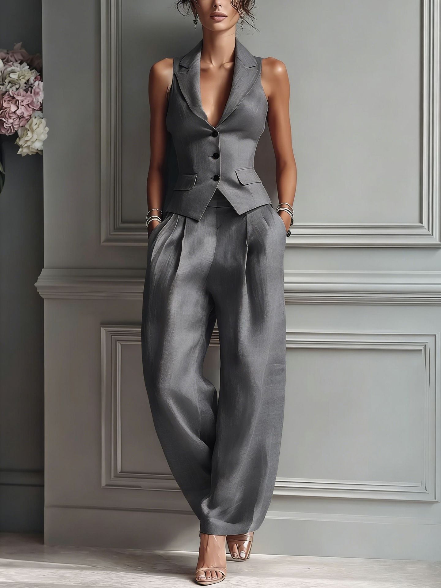 Conjunto de dos piezas con cuello en V y botones