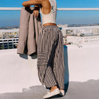 Pantalones ligeros de corte ancho a rayas, con cintura elástica y cordón ajustable