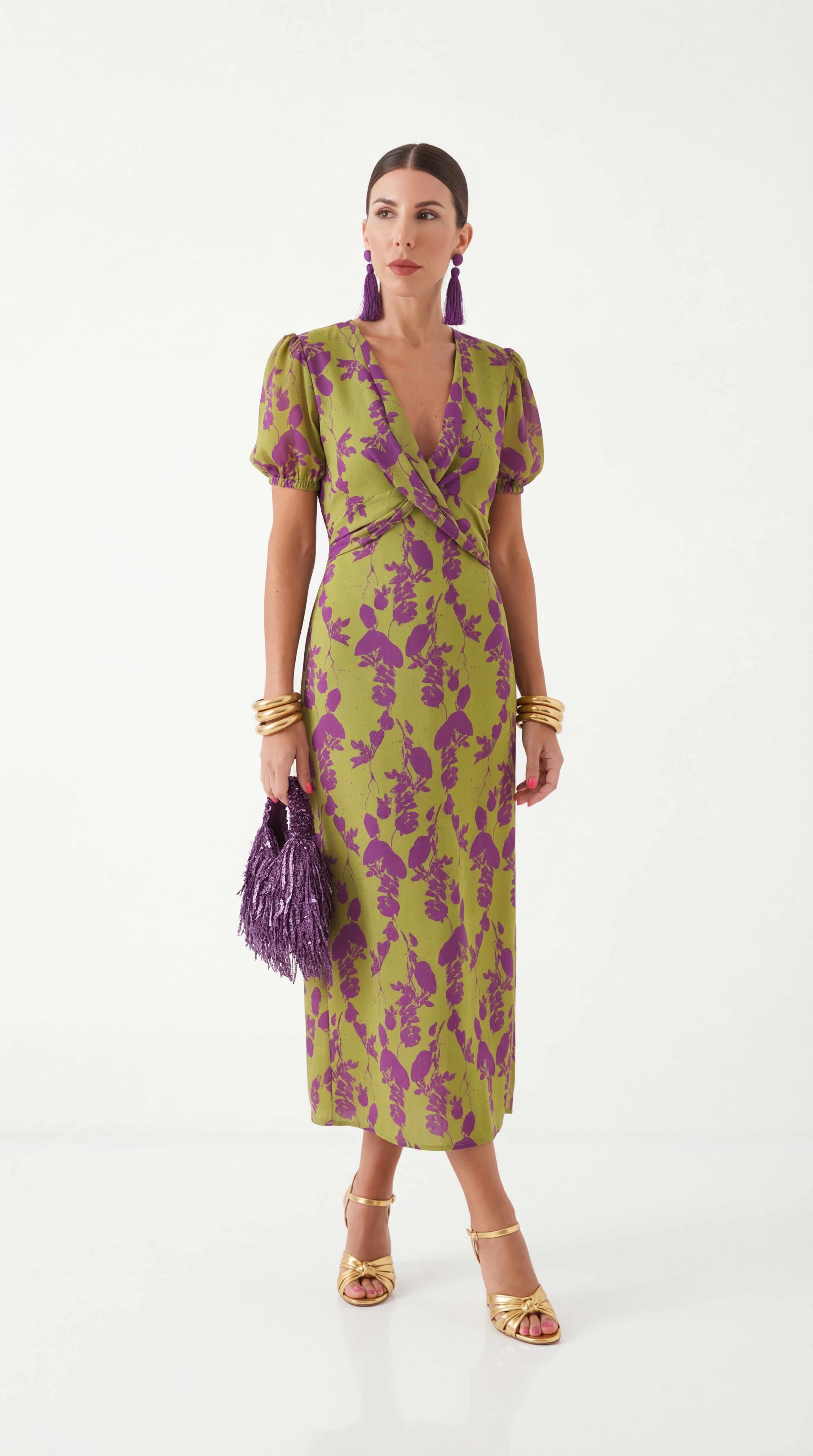 Hortensia • Vestido Midi Floral Cruzado con Manga Abullonada
