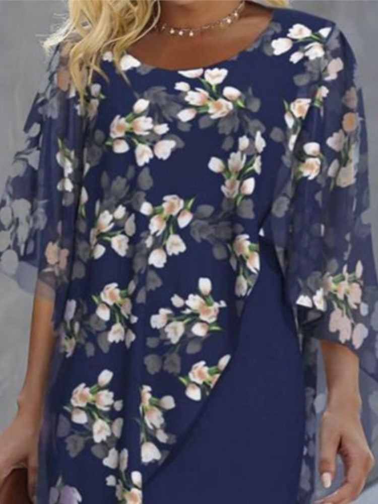 Marlen • Vestido Floral de Media Manga con Capa
