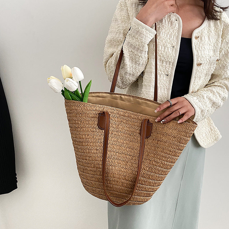 Bolso de Rafia con Asas de Cuero