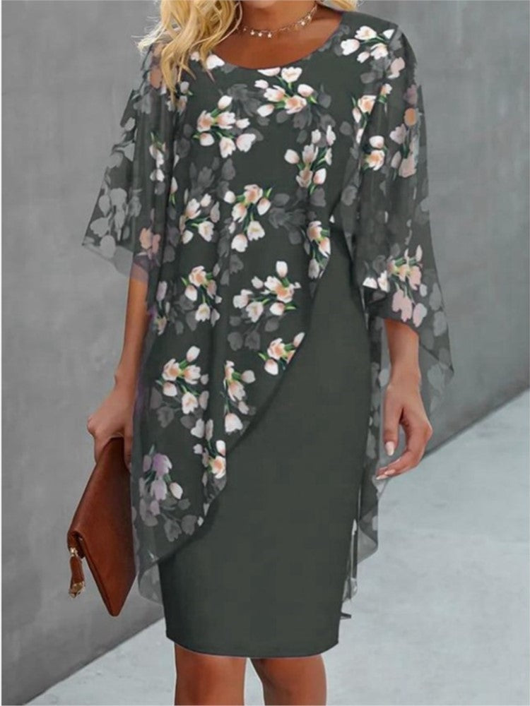 Marlen • Vestido Floral de Media Manga con Capa