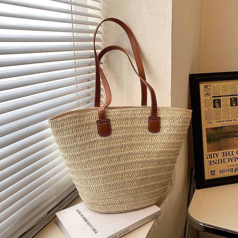 Bolso de Rafia con Asas de Cuero