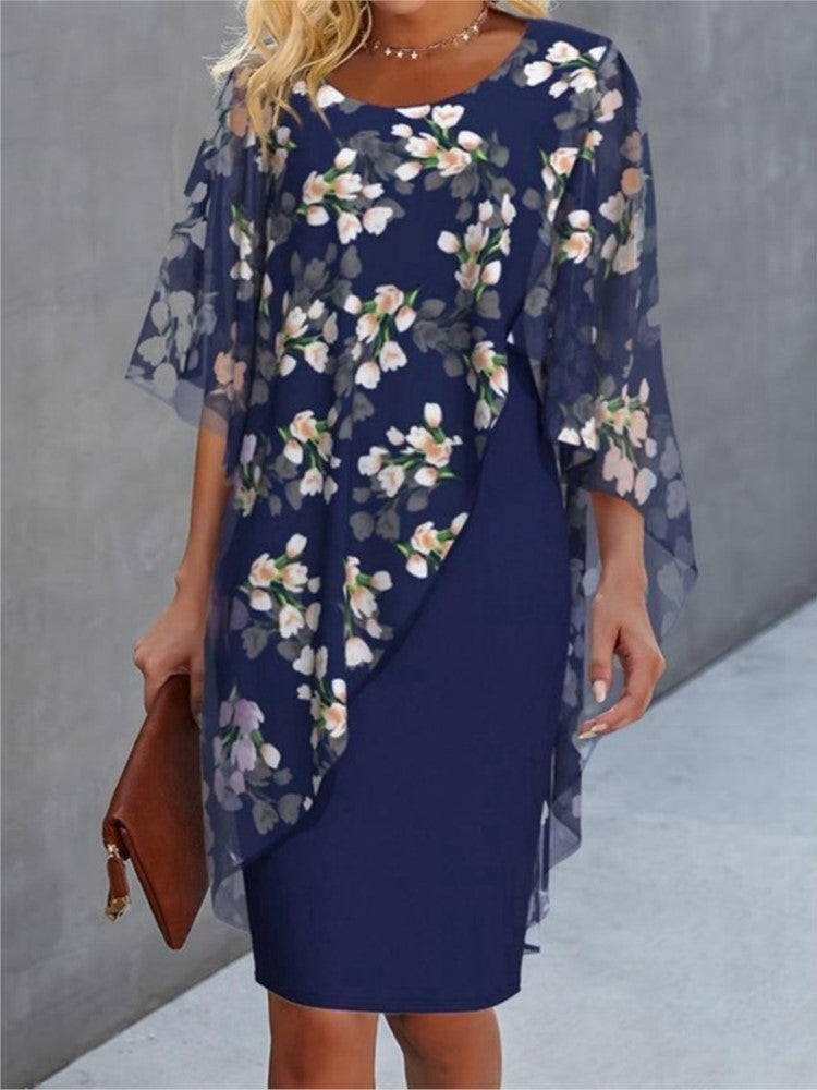 Marlen • Vestido Floral de Media Manga con Capa