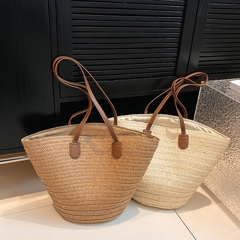Bolso de Rafia con Asas de Cuero