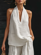 Valeria  • Conjunto de lino con escote en V y pantalón fluido