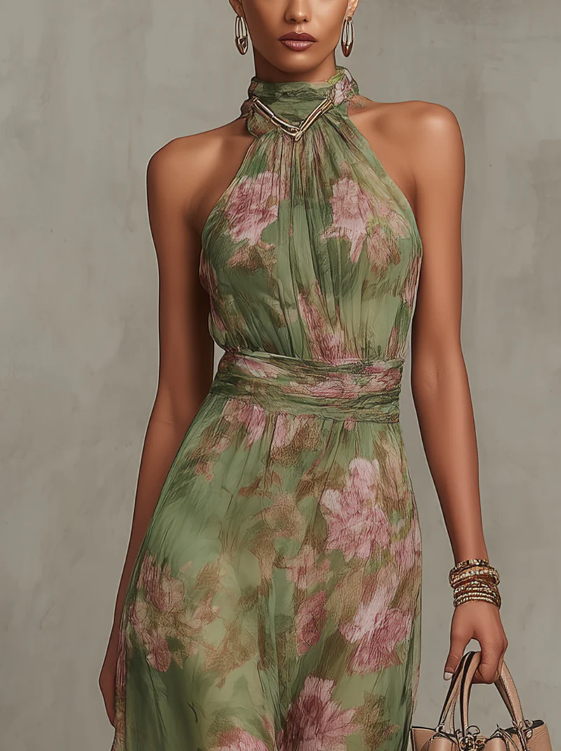 Elena • Vestido Largo Floral con Cuello Halter