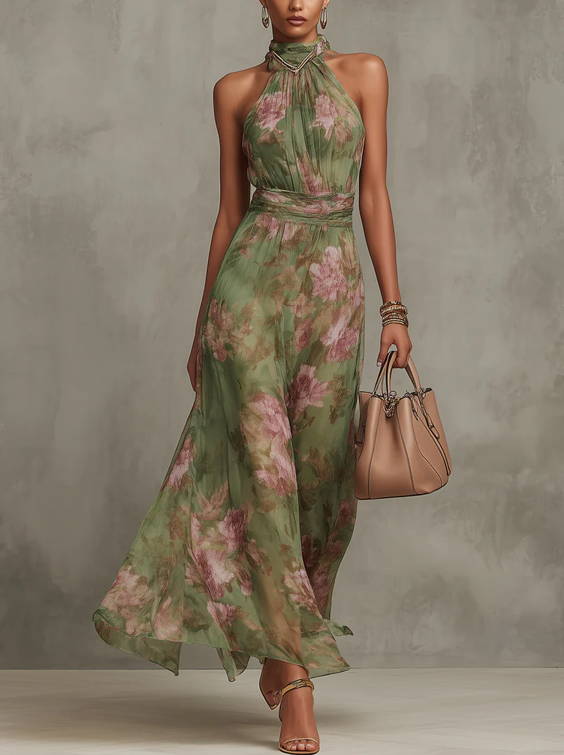 Elena • Vestido Largo Floral con Cuello Halter