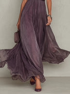 Flavia • Vestido largo morado con escote en V y ribete de encaje de gasa