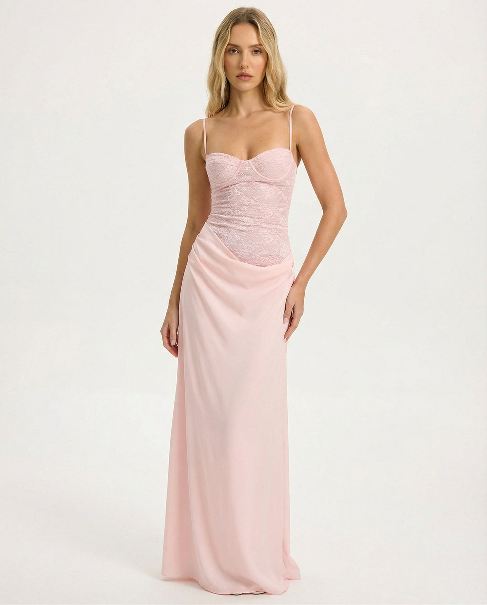 Rosa • Vestido Largo con Corsé de Encaje y Falda Drapeada