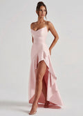 Valentina • Vestido Largo Satinado con Volado Asimétrico y Tirantes Finos