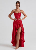 Valentina • Vestido Largo Satinado con Volado Asimétrico y Tirantes Finos