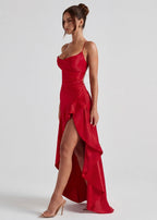 Valentina • Vestido Largo Satinado con Volado Asimétrico y Tirantes Finos