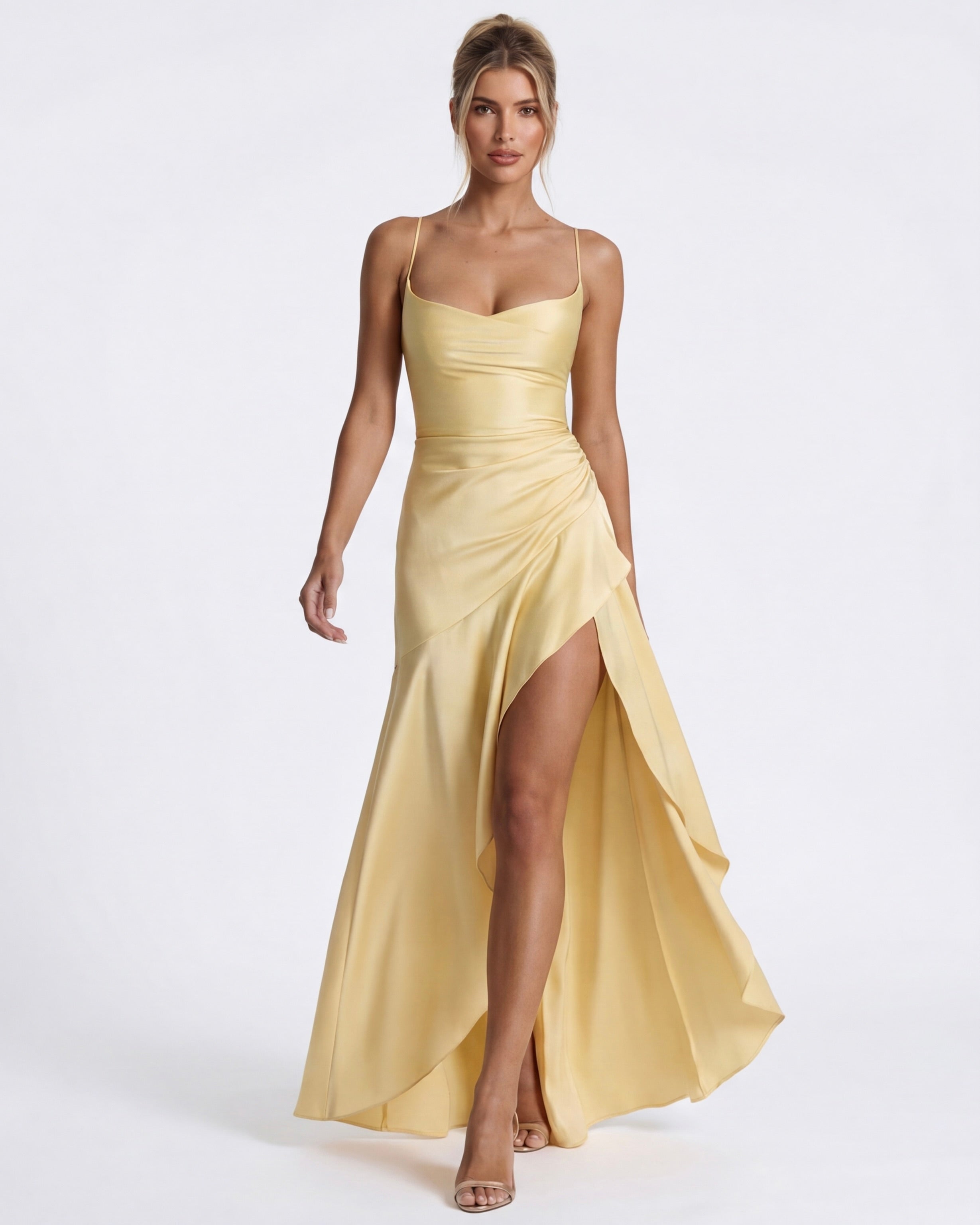 Valentina • Vestido Largo Satinado con Volado Asimétrico y Tirantes Finos