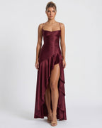 Valentina • Vestido Largo Satinado con Volado Asimétrico y Tirantes Finos