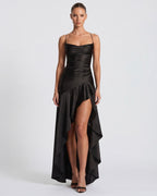 Valentina • Vestido Largo Satinado con Volado Asimétrico y Tirantes Finos