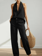 Lena • Conjunto Vaquero de Top Halter y Pantalón Ancho
