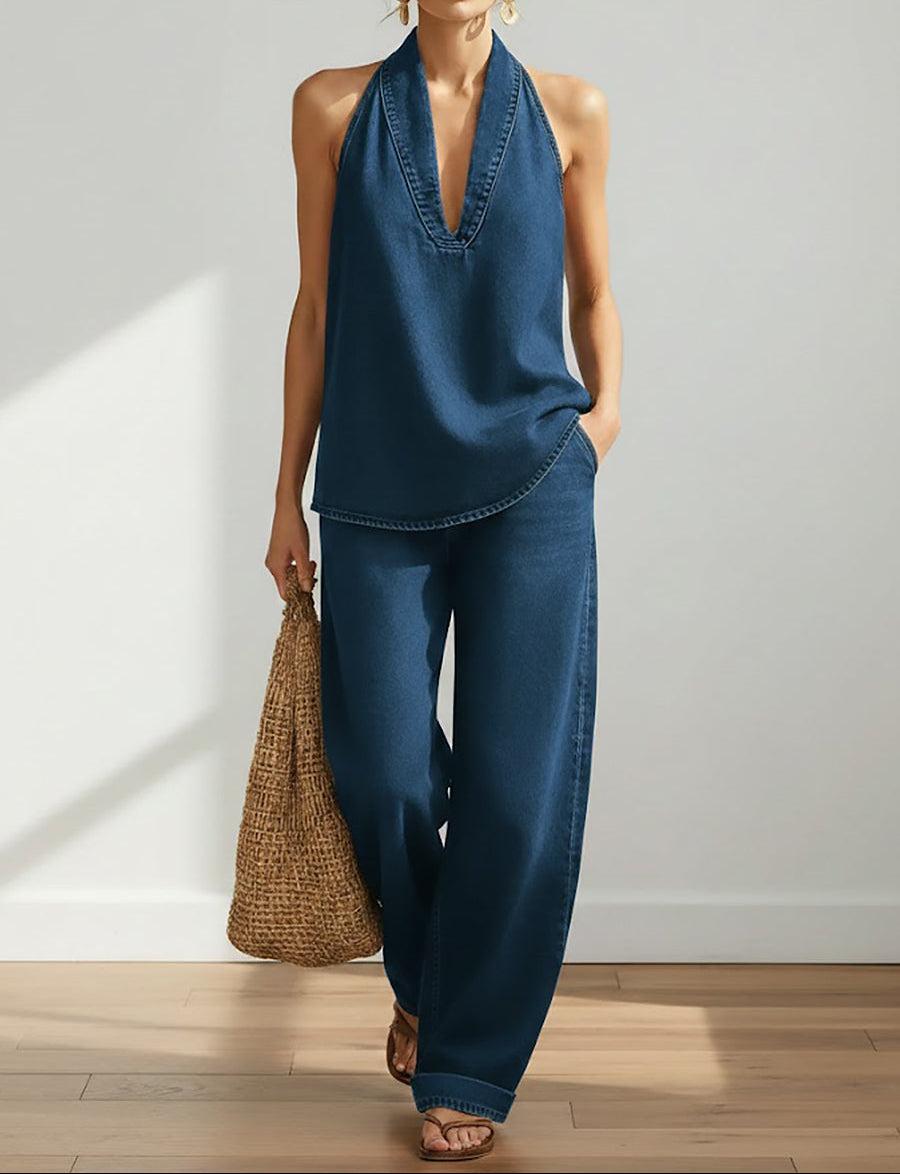 Lena • Conjunto Vaquero de Top Halter y Pantalón Ancho