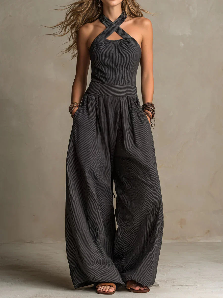 Bianca • Mono de lino negro y algodón con un elegante escote cruzado