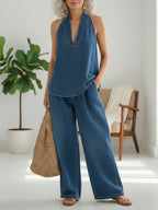 Lena • Conjunto Vaquero de Top Halter y Pantalón Ancho