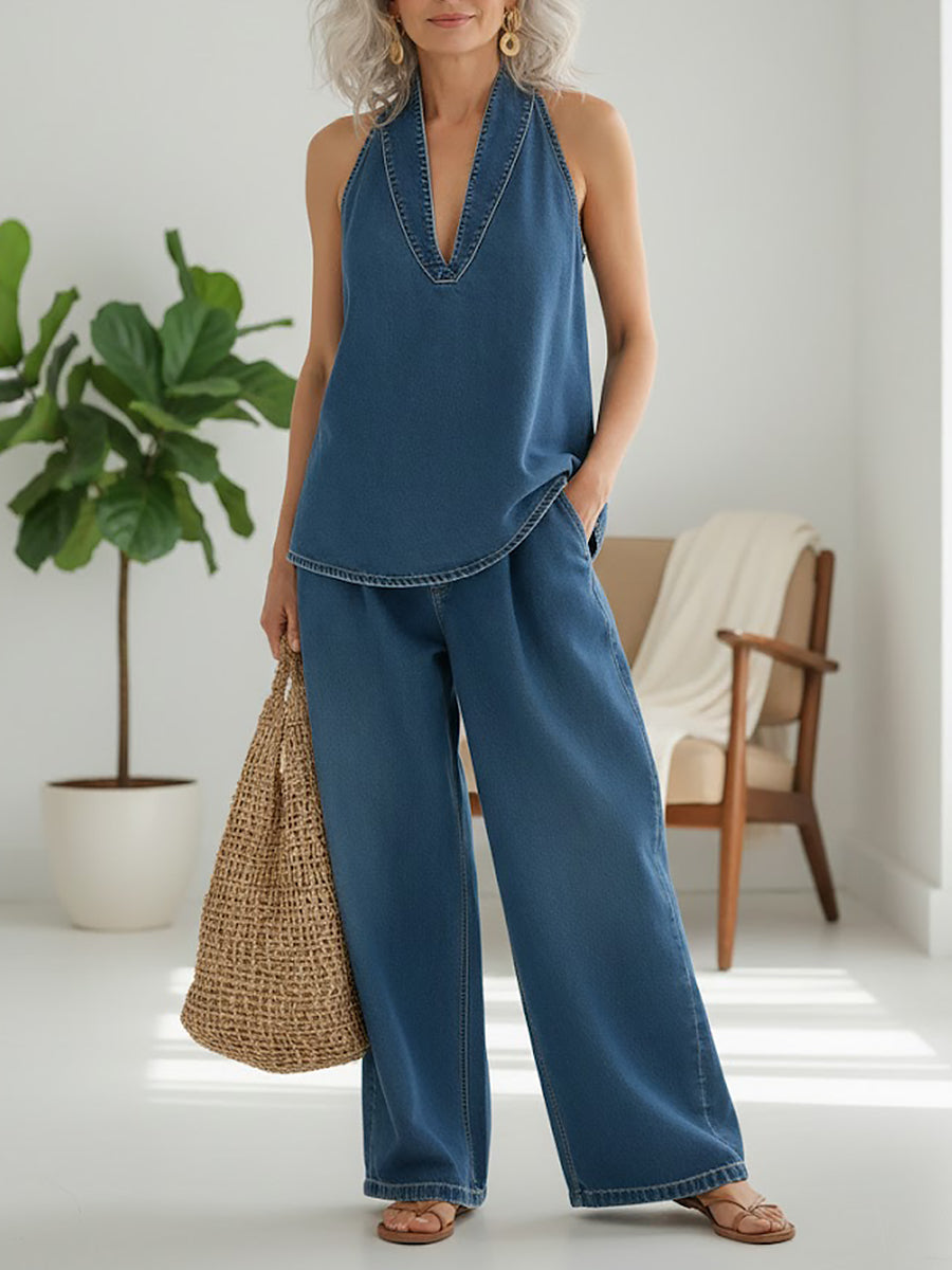 Lena • Conjunto Vaquero de Top Halter y Pantalón Ancho