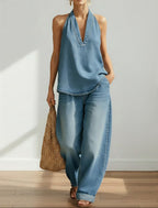 Lena • Conjunto Vaquero de Top Halter y Pantalón Ancho