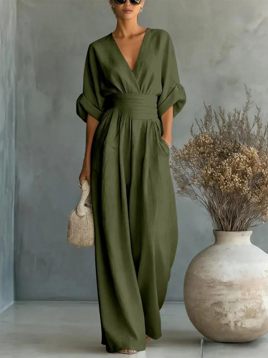 Mono elegante con escote en V y talle alto