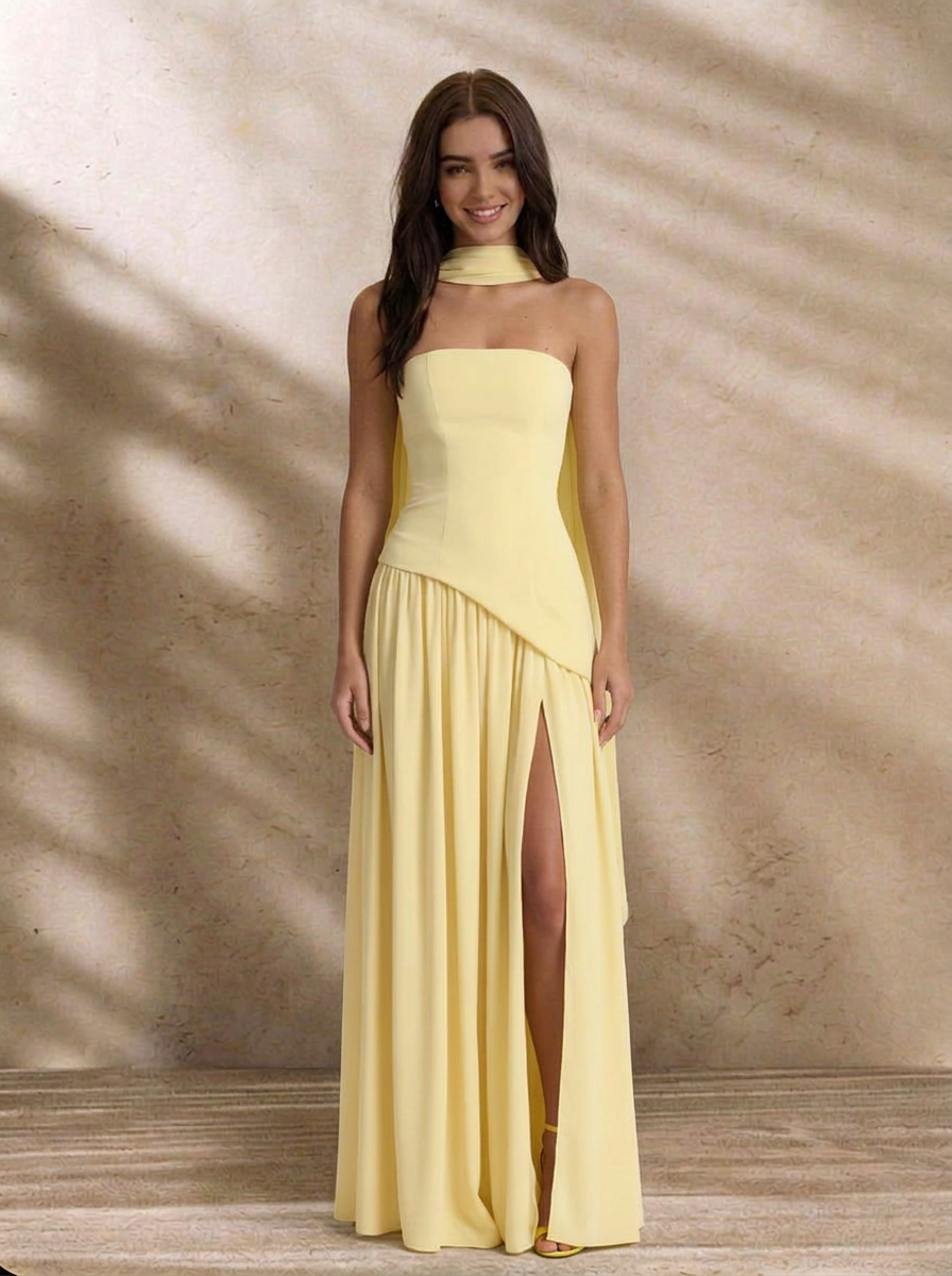 Valeria • Vestido Maxi Strapless con Abertura y Detalle de Pañuelo